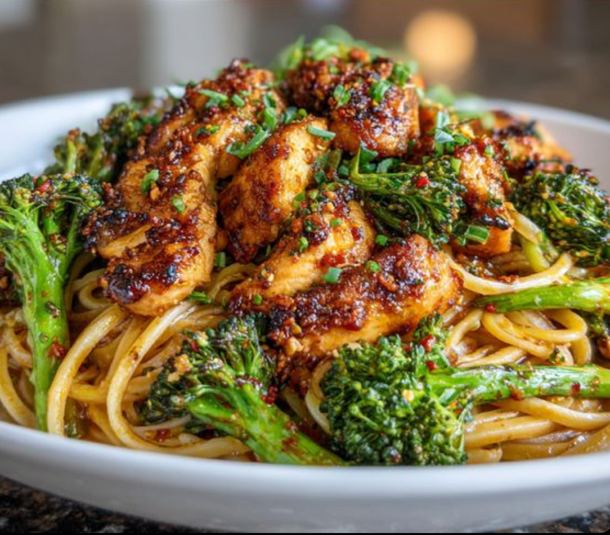 Spicy Garlic Chicken and Broccoli Noodle Bowl