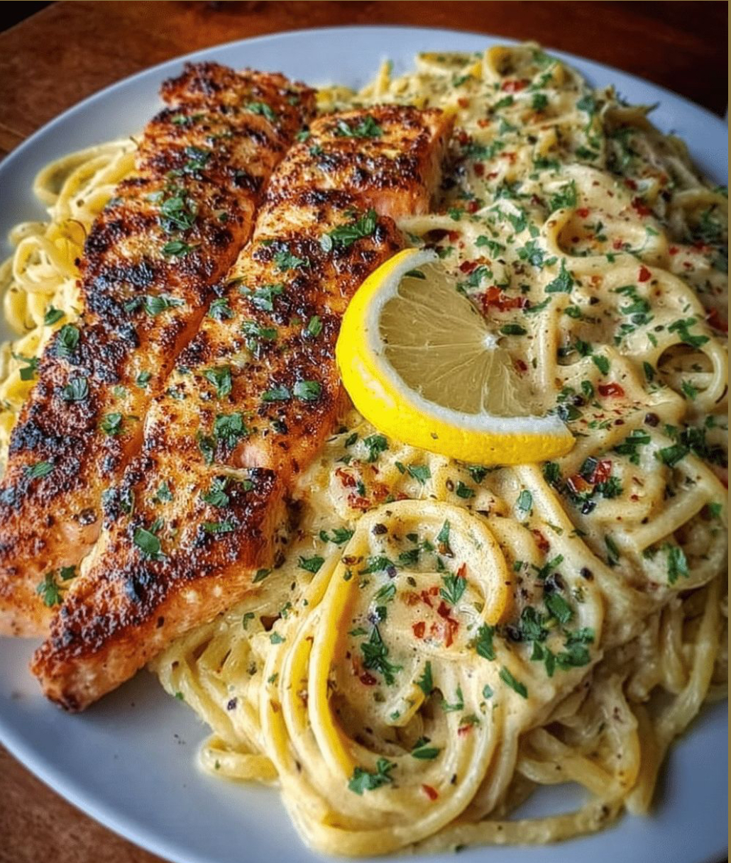 Garlic Parmesan Lemon Salmon Spaghetti
